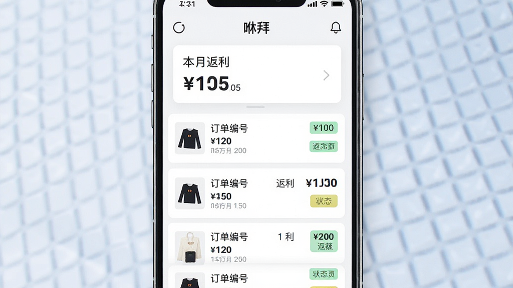 一幅“咻拜”购物返利记录页面的界面图,画面主体为手机屏幕,屏幕内显示返利订单列表,每条记录包含商品小图、订单编号、返利金额和状态标签,顶部有本月返利汇总卡片,布局为纵向滚动列表,风格为简约商务风UI,配色以白色、浅灰和蓝色为主,细节上金额数字加粗、状态标签颜色区分,画质高清,画面干净无多余元素。