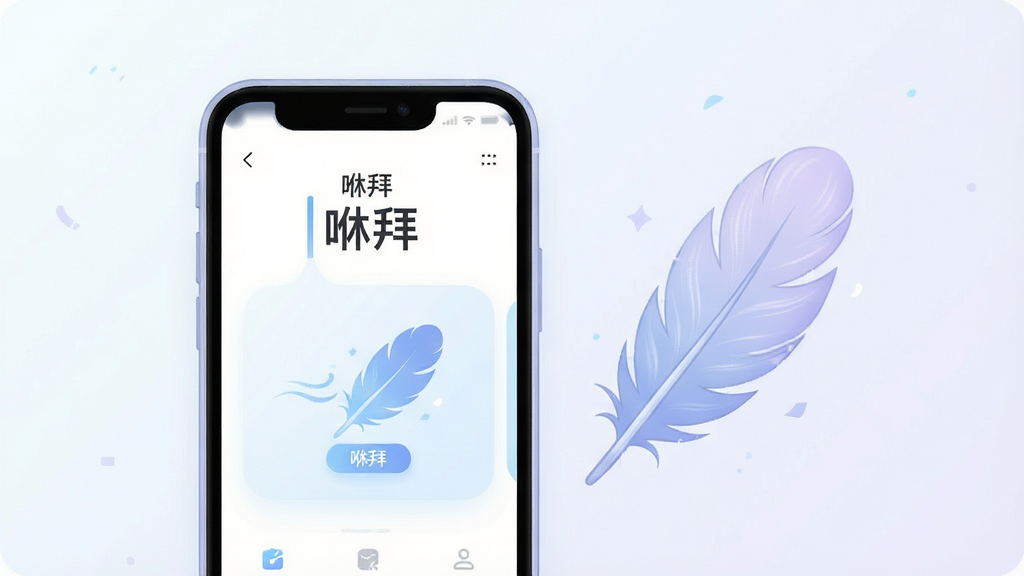 一张展示“咻拜”轻量运行特性的概念图,画面中央是一部手机与一个轻盈的羽毛图标并列,手机屏幕显示“咻拜”运行流畅的界面,羽毛象征轻量,背景为浅色渐变,布局为左右对称式,风格为简约科技插画风,配色以白色、浅蓝和淡紫为主,细节上羽毛纹理柔和、手机边框圆润,画质高清,画面干净无多余元素。