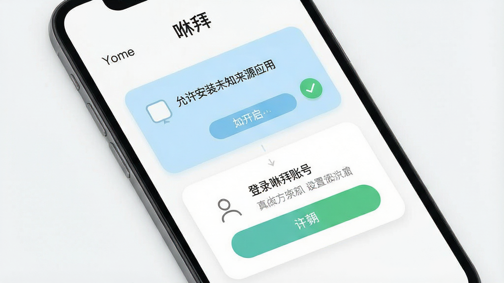 一张“咻拜”新手安装设置引导页的手机截图风格图,画面中手机屏幕显示权限开启引导界面,包含“允许安装未知来源应用”和“登录咻拜账号”两个步骤卡片,布局为纵向步骤式,风格为扁平化引导页UI,配色以白色、浅蓝和绿色对勾图标为主,细节上按钮圆角明显、文字层级清晰,画质高清,画面干净无多余元素。