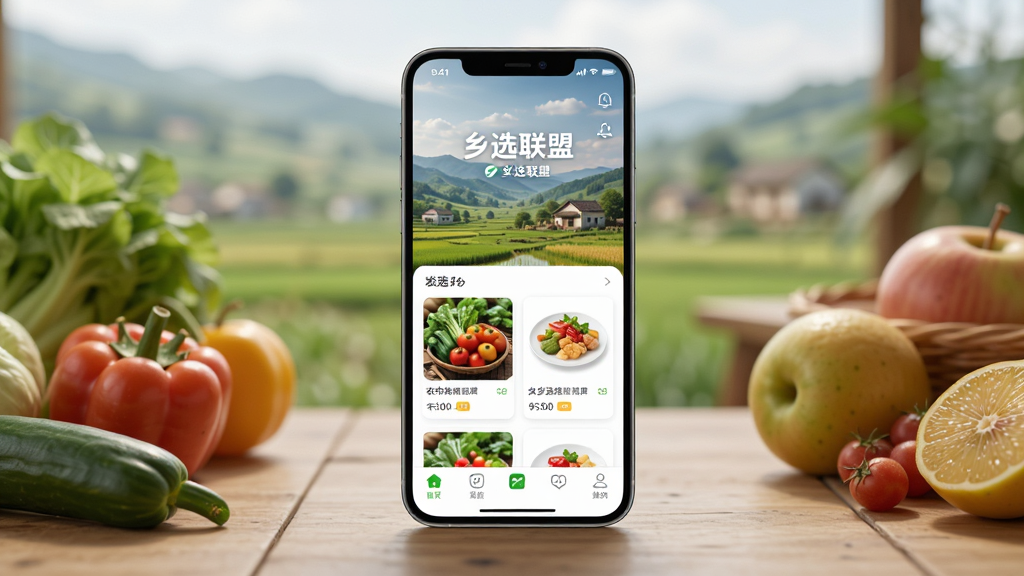��������Ϊһ�������ֻ�����Ļ��չʾ��ѡ����APP��ҳ���棬�����а������羰������ũ��Ʒ��Ʒ��Ƭ��ײ����������ֻ�������һ��ľ�������ϣ���Χ��׺�������߲���ˮ�������ֲ��þ��й�ͼ�������黯���������Ϊ�ִ���Լ��Ʒչʾ���ϸ����ͻ����Ļ�ڡ���ѡ���ˡ����ֱ�ʶ����ƷͼƬ�������ȡ����廭�ʸ��壬����ɾ����޶���Ԫ�ء�