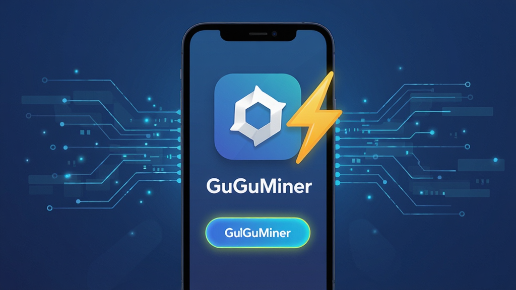 一张展示GuGuMiner轻量部署特性的图片,主体为GuGuMiner软件图标和手机,图标旁有闪电符号表示快速;布局为手机屏幕显示启动界面,周围有数据流线条;排版为居中构图;风格为扁平化科技风;细节包括软件名称“GuGuMiner”字样,启动按钮高亮;画质清晰,干净,无多余元素。