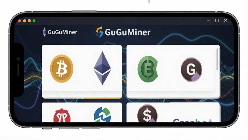 一张展示GuGuMiner多币种支持的图片,主体为GuGuMiner软件界面,显示多个币种图标如比特币、以太坊等;布局为手机屏幕内排列币种选项,背景有算力波纹;排版整齐;风格为简洁商务风;细节包括“GuGuMiner”文字标识,币种图标清晰;画质高清,干净,无多余元素。