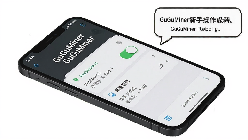 一张展示GuGuMiner新手操作的图片,主体为手机屏幕显示GuGuMiner设置界面,包含权限开关和电池优化选项;布局为手机侧放,旁边有提示气泡;排版清晰;风格为教程图解风;细节包括“GuGuMiner”文字,开关按钮高亮;画质高清,干净,无多余元素。
