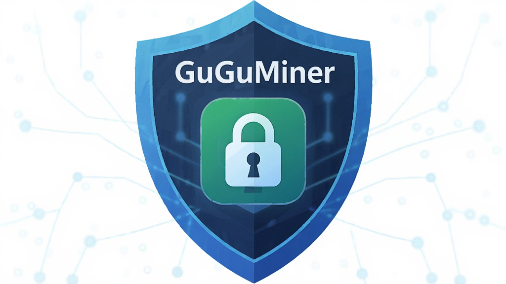 一张展示GuGuMiner隐私保护的图片,主体为GuGuMiner软件图标与盾牌符号结合;布局为盾牌居中,软件图标嵌入盾牌;排版对称;风格为安全科技风;细节包括“GuGuMiner”文字,盾牌有锁形图案;画质清晰,干净,无多余元素。