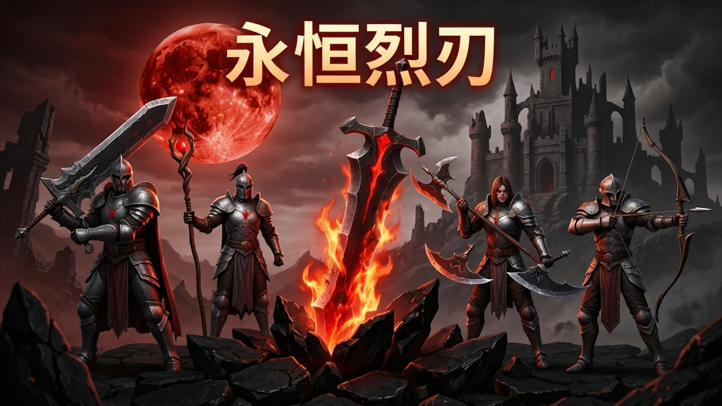 一幅暗黑魔幻风格的游戏主视觉图,画面中央是一把燃烧着赤红火焰的巨型烈刃插在破碎的黑色岩石上,周围环绕着四位身穿铠甲的游戏角色,分别手持巨剑、法杖、双刃与长弓,背景是血月与废墟城堡,画面顶部用发光字体写着“永恒烈刃”,整体色调以暗红、深灰与橙黄为主,风格为写实CG游戏海报,细节丰富,画质高清,干净无多余元素