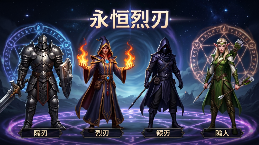 一幅游戏角色选择界面的图片,画面中并排站立着四位风格迥异的角色,从左到右依次是重甲战士、火焰法师、暗影刺客与精灵射手,每个角色脚下有职业名称标签,背景是旋转的魔法阵与星空,画面中央上方用发光字体写着“永恒烈刃”,风格为暗黑魔幻CG,角色细节精致,画质高清,干净无多余元素