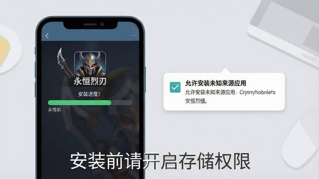 一幅手机游戏安装教程风格的图片,画面中一部智能手机屏幕显示“永恒烈刃”游戏安装进度条,旁边有勾选“允许安装未知来源应用”的提示框,背景是简洁的浅灰色桌面,画面下方用文字标注“安装前请开启存储权限”,风格为扁平化UI示意图,颜色清爽,画质高清,干净无多余元素