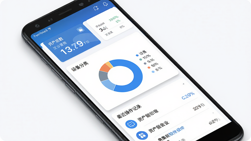 奥集能软件主界面全貌展示,主体为一部安卓手机屏幕,屏幕内呈现资产云管理仪表盘,布局包含顶部资产总数卡片、中部设备分类环形图、底部最近操作记录列表,排版简洁清晰,风格为现代商务扁平化,细节上带有蓝色主色调图标与白色卡片阴影,画质高清,干净,无多余元素