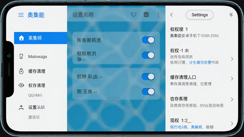 奥集能安卓手机端操作界面与设置选项展示,主体为手机屏幕截图风格,布局为左侧主菜单右侧设置面板,排版清晰展示权限开关与缓存清理入口,风格为扁平化工具UI,细节上带有蓝色高亮按钮与灰色说明文字,画质高清,干净,无多余元素