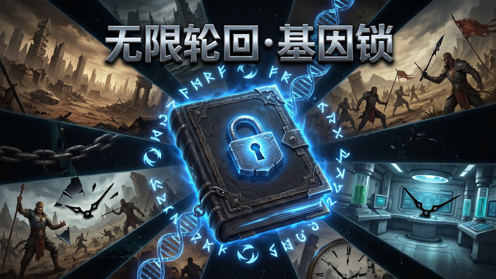 画面中央展示一本散发蓝色光芒的古老基因锁手册,周围环绕着多个平行世界的碎片影像,包括废土都市、古代战场、未来实验室等场景,布局采用中心辐射式构图,排版上游戏名称“无限轮回基因锁”以金属质感字体悬浮在画面正上方,风格为暗黑科幻与奇幻交织的数字插画,细节包括锁链纹理、基因螺旋光效、轮回符文、破碎的时钟指针,画质4K高清,干净利落,无多余元素