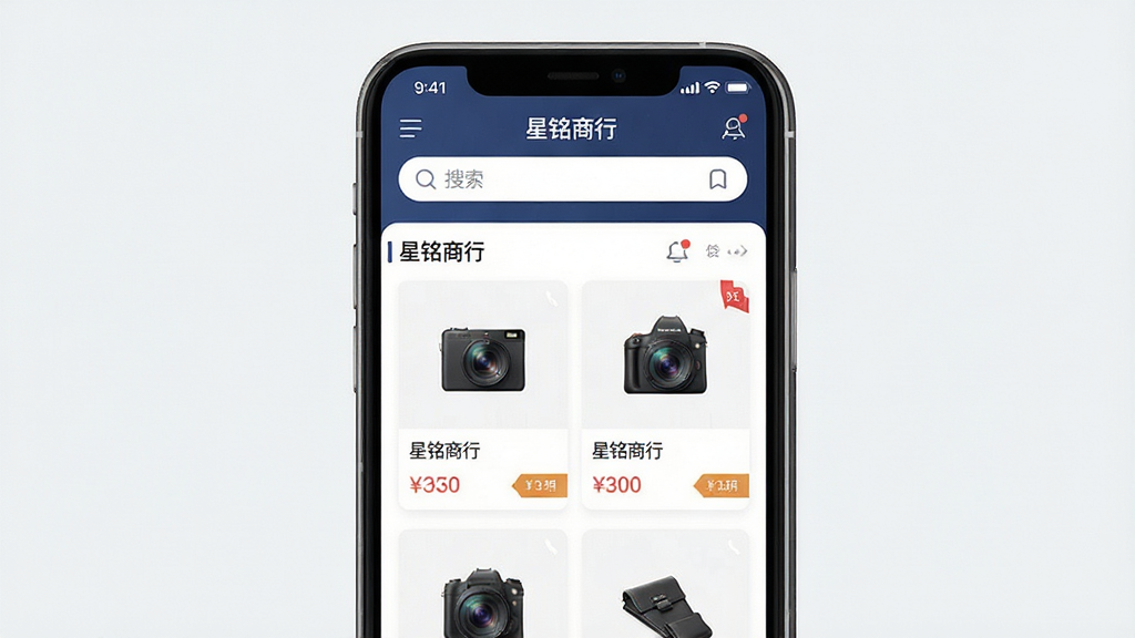 一张展示星铭商行移动端应用界面的预览图,主体为手机屏幕中显示商行首页与商品列表,布局采用上下结构上方为搜索栏下方为卡片式商品展示,排版清晰整齐,风格为现代简约商务风,细节包括图标、按钮、价格标签与导航栏,画质高清,画面干净,无多余元素,屏幕中文字显示“星铭商行”