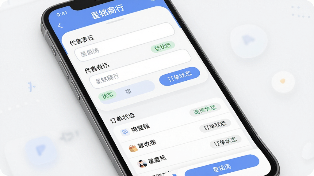 一张展示星铭商行代售登记与订单跟踪功能的界面图,主体为手机屏幕中显示代售表单与订单状态列表,布局为左右分栏上方表单下方列表,排版规整,风格为柔和圆角现代风,细节包括输入框、状态标签与操作按钮,画质高清,画面干净,无多余元素,屏幕中文字显示“星铭商行”