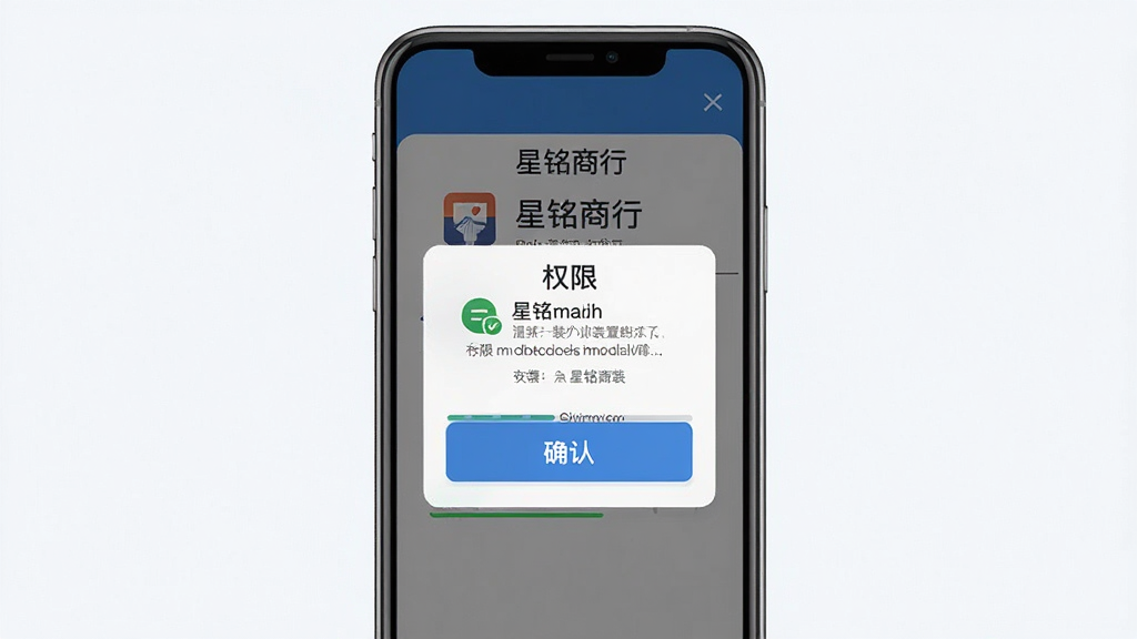 一张展示星铭商行在手机上安装与权限设置引导的示意图,主体为手机屏幕中显示权限请求弹窗与安装进度条,布局为居中弹窗下方按钮,排版直观,风格为扁平化科技风,细节包括权限图标、文字说明与确认按钮,画质高清,画面干净,无多余元素,屏幕中文字显示“星铭商行”