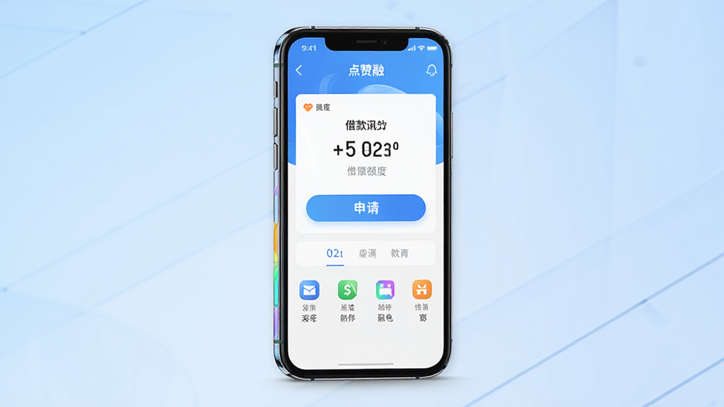 一张手机应用界面展示图,画面中央是一部竖直放置的智能手机,手机屏幕亮起显示“点赞融”APP的主页界面,界面中包含借款额度显示、申请按钮和功能图标,背景为浅蓝色渐变,布局简洁清晰,风格现代科技感,细节上手机边缘有轻微反光,画质高清,干净,无多余元素