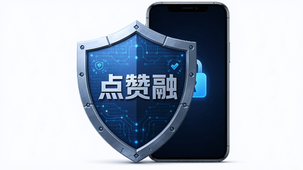 一张盾牌与手机结合的科技感图片,盾牌中心有“点赞融”字样,手机屏幕显示锁形图标,布局为盾牌在手机后方,风格安全防护主题,细节上带有数字代码纹理,画质清晰,干净,无多余元素