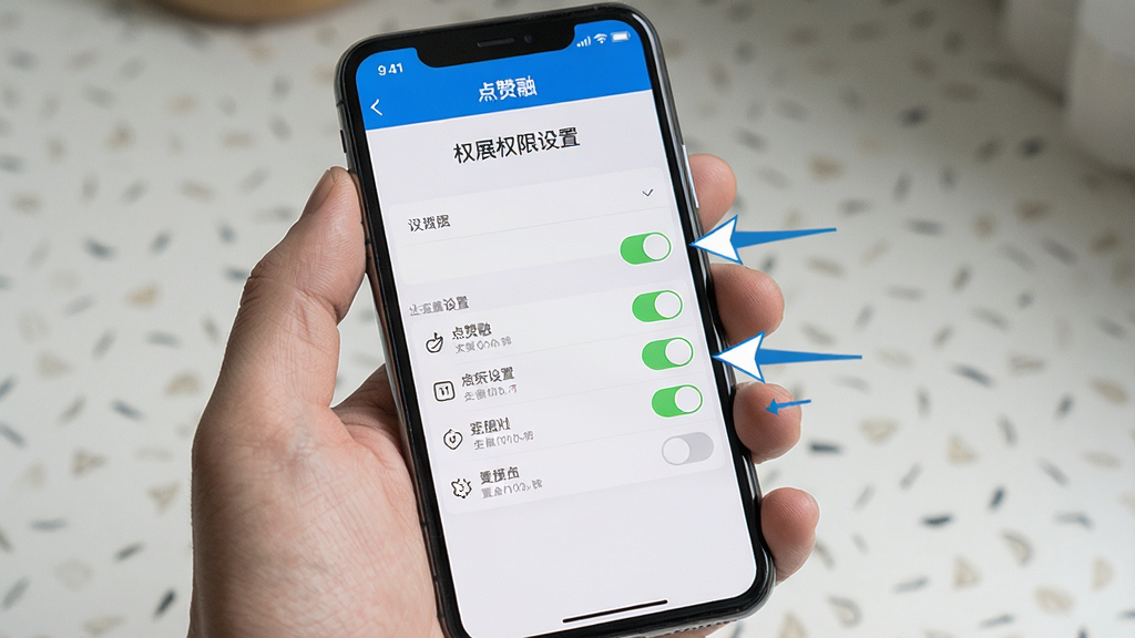 一张手机操作指引图,画面展示一只手拿着手机,手机屏幕上显示“点赞融”APP的权限设置界面,旁边有箭头指向各个权限开关,布局为手持特写,风格写实,细节上界面文字清晰可辨,画质高清,干净,无多余元素