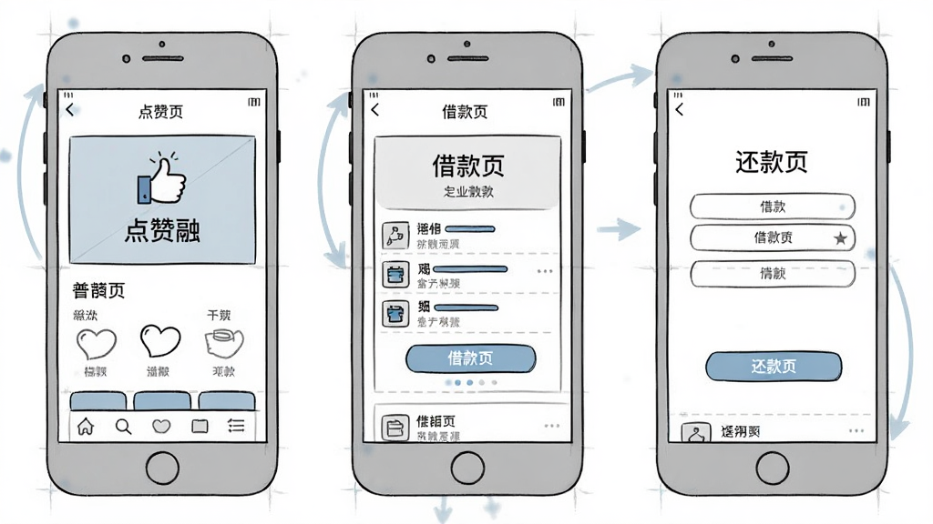 一张手机界面线框图,画面展示三个并排的手机屏幕,分别显示“点赞融”APP的首页、借款页和还款页,布局为横向排列,风格UI设计展示,细节上界面元素清晰,画质高清,干净,无多余元素