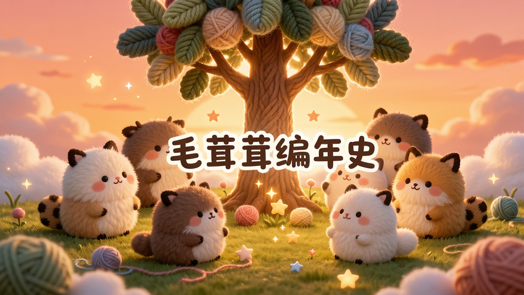 画面主体为一群圆润可爱的毛茸茸小动物角色,它们聚集在一片柔软的云朵草地上,背景是温暖的橘粉色夕阳天空,布局采用中心对称式构图,小动物们围绕着一棵发光的毛线树,排版上角色错落有致,风格为日系治愈手绘风,细节包括小动物身上的绒毛质感、树叶由彩色毛线编织而成、地面上散落着毛线球和星星光点,画质高清,画面干净,无多余元素,图片中央用圆润字体写着“毛茸茸编年史”