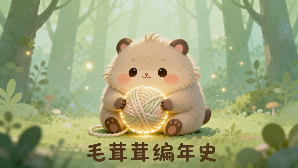 画面主体为一只圆滚滚的毛茸茸小生物,它正用两只短小的前爪抱着一颗发光的毛线球,背景是柔和的浅绿色森林,布局上小生物位于画面正中央偏下位置,留出上方空间,排版简洁,风格为治愈系厚涂插画,细节包括小生物身上蓬松的绒毛、毛线球上细腻的纹理、周围飘浮的微小光点,画质超清,画面干净,无多余元素,图片底部用可爱字体写着“毛茸茸编年史”