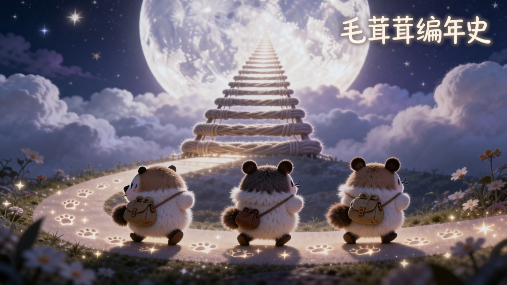 画面主体为三个毛茸茸小动物排成一队走在一条发光的小路上,前方是通往云端的阶梯,背景是梦幻的紫色夜空与巨大月亮,布局采用纵向延伸构图,小动物们位于画面下方三分之一处,风格为唯美幻想插画,细节包括小动物们背着小包袱、路面上有星光脚印、阶梯由毛线缠绕而成,画质高清,画面干净,无多余元素,图片右上角用发光字体写着“毛茸茸编年史”