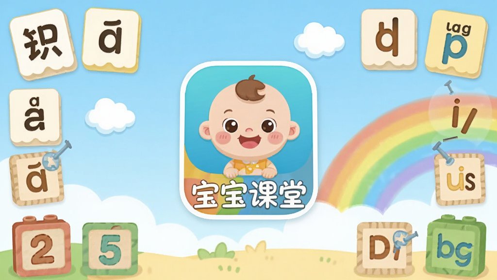 宝宝课堂软件主界面,明亮温馨的卡通风格,画面中央展示宝宝课堂APP的图标和名称“宝宝课堂”,周围环绕着识字卡片、拼音字母、数字积木、英语单词等学习元素,背景是柔和的蓝天白云和彩虹,风格为扁平化卡通插画,细节丰富,画质清晰,干净整洁,无多余元素