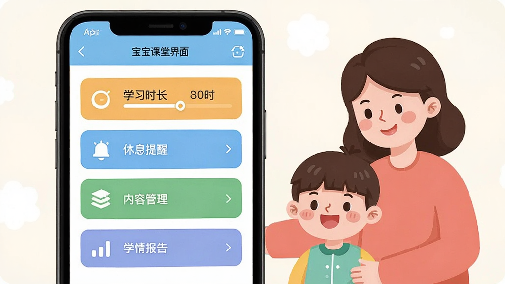 宝宝课堂家长管控界面,画面展示手机屏幕上的宝宝课堂APP设置页面,包含“学习时长”“休息提醒”“内容管理”“学情报告”等选项,旁边有家长和孩子的卡通形象,风格为简洁明快的UI插画,细节清晰,画质高清,干净整洁,无多余元素