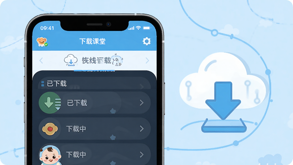 宝宝课堂离线下载功能展示,画面中手机屏幕显示宝宝课堂APP的下载管理页面,有“已下载”“下载中”等状态标识,旁边有云朵和下载箭头的卡通图标,风格为扁平化科技插画,细节丰富,画质清晰,干净整洁,无多余元素