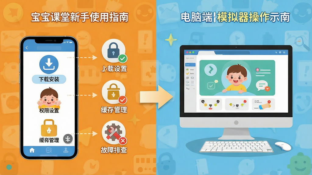 宝宝课堂新手使用指南示意图,画面分为左右两部分,左侧是手机端操作步骤,右侧是电脑端模拟器操作步骤,中间用箭头连接,包含“下载安装”“权限设置”“缓存管理”“故障排查”等图标和文字标签,风格为信息图表式插画,布局清晰,细节丰富,画质高清,干净整洁,无多余元素