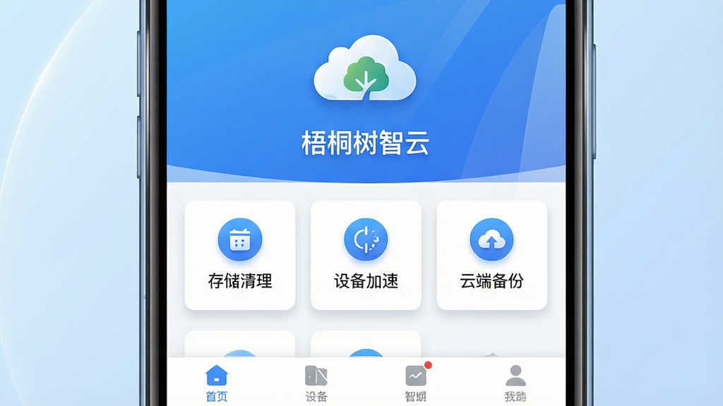 画面主体为一款智能手机屏幕特写,屏幕中展示“梧桐树智云”软件主界面,界面采用蓝白渐变配色,顶部有云朵与树木结合的抽象图标,中部排列着存储清理、设备加速、云端备份三个功能卡片,底部导航栏清晰可见。布局为居中对称构图,背景为柔和的浅蓝色渐变,风格为现代科技感扁平化设计,细节上屏幕边缘有轻微高光反射,图标带有微妙的阴影层次,画质为高清4K,画面干净整洁,无多余元素干扰。