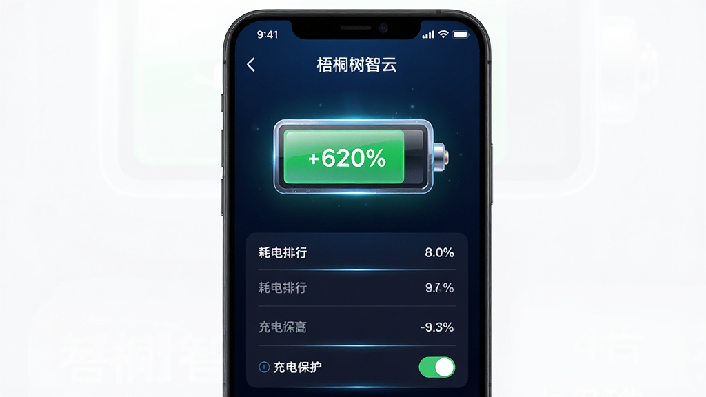 画面主体为一部手机屏幕显示“梧桐树智云”的电池管理界面,界面中央有一个大号电池图标,内部显示电量百分比和绿色填充,下方有耗电排行列表和充电保护开关。布局为居中垂直排列,背景为深蓝色渐变,风格为暗黑科技风,细节上电池图标有发光边缘,列表项有微弱的发光分隔线,画质为高清,画面干净,无多余元素。