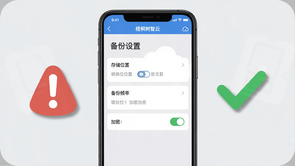 画面主体为一部手机屏幕显示“梧桐树智云”的备份设置界面,界面中有存储位置选择、备份频率、加密开关等选项,屏幕旁边有一个红色感叹号图标和绿色对勾图标分别代表警告与正确操作。布局为手机居中,图标分列两侧,背景为浅灰色,风格为扁平化信息图风格,细节上图标有简洁的阴影,画质为高清,画面干净,无多余元素。