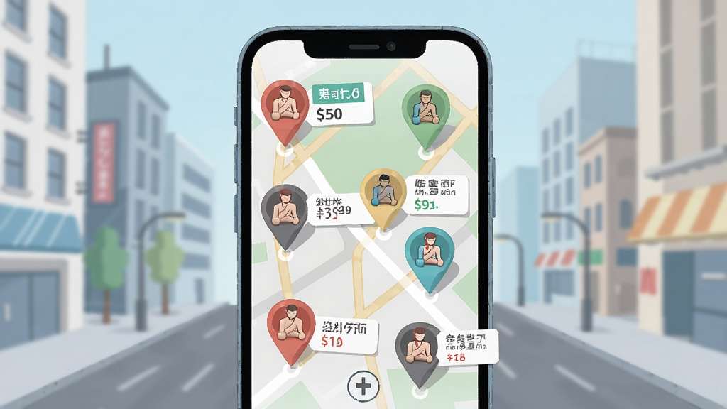 一张AI生成的插画,画面主体是一个手机屏幕,屏幕中显示地图和多个定位标记,标记旁边有按摩图标和价格标签,背景是简洁的城市街道风格,布局清晰,风格现代扁平化,细节干净,画质高清,无多余元素