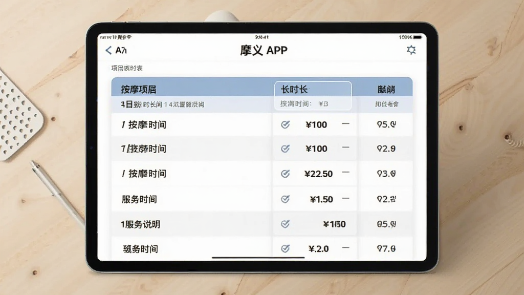 一张AI生成的图片,画面主体是一个平板电脑屏幕,屏幕中显示摩义APP的价目表页面,表格中列出不同的按摩项目名称和对应价格,旁边有服务时长说明,背景是简洁的木质桌面,风格商务清新,布局整齐,画质干净,无多余元素