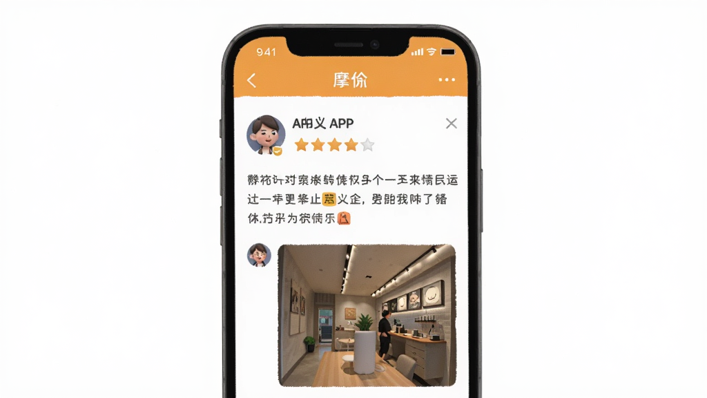 一张AI生成的图片,画面主体是手机屏幕显示摩义APP的评价详情页,页面中有用户头像、星级评分、文字评价和上传的环境照片,布局清晰,风格简洁明快,画质干净,无多余元素