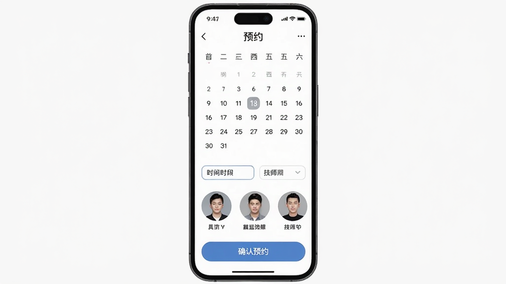 一张AI生成的图片,画面主体是手机屏幕显示摩义APP的预约界面,页面中有日历选择、时间段选项和技师头像列表,底部有确认预约按钮,布局整齐,风格现代简约,画质干净,无多余元素