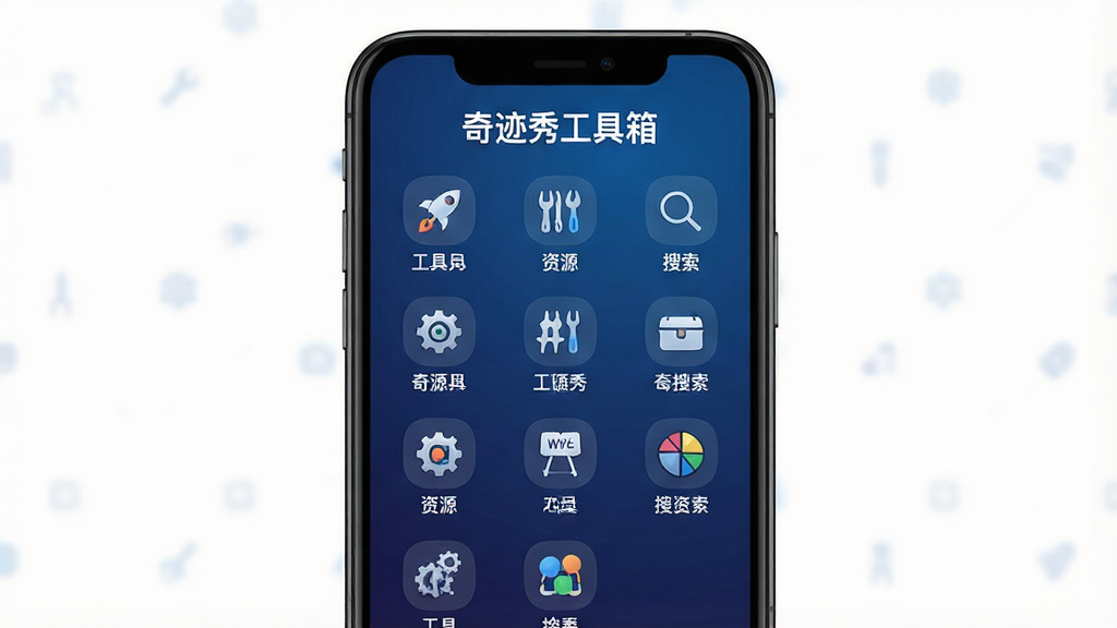 一张展示奇迹秀工具箱主界面的手机屏幕截图,画面中央是整齐排列的功能图标网格,包含工具、资源、搜索等入口,背景为深蓝色渐变,风格简洁现代,细节清晰,画质干净,无多余元素,图片上方有文字“奇迹秀工具箱”