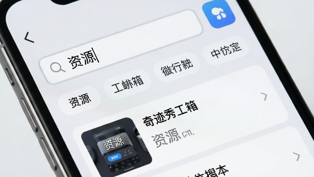 手机屏幕特写,展示奇迹秀工具箱的搜索界面,搜索框中有“资源”字样,下方排列着分类标签和搜索结果列表,背景为浅灰色,排版整齐,风格清爽,画质干净,无多余装饰