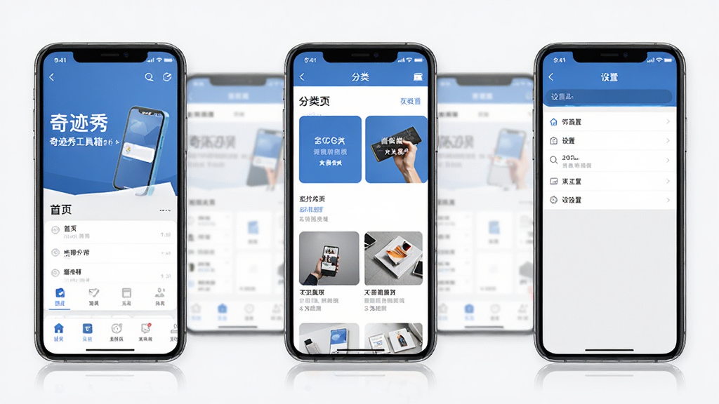 奇迹秀工具箱的界面设计展示图,多个手机屏幕并排显示不同页面,包括首页、分类页、设置页,整体配色统一为蓝白灰,排版规整,风格简约商务,细节清晰,画质干净,无多余元素