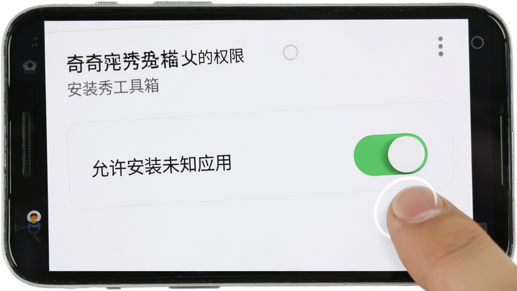 一部安卓手机显示奇迹秀工具箱的安装权限设置界面,有“允许安装未知应用”的开关按钮,旁边有手指点击的示意,背景为白色,风格简洁,细节清晰,画质干净,无多余元素