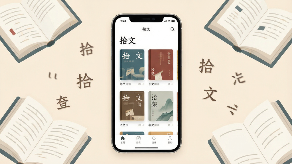 一张展示“拾文”App核心界面的高质量产品预览图,画面中央是一部现代智能手机,手机屏幕内显示着“拾文”应用的书架主界面,界面风格简洁素雅,有排列整齐的书籍封面卡片和底部导航栏。手机周围环绕着几本翻开的纸质书和飘浮的文字符号,背景为柔和的浅米色,整体采用扁平化插画风格,细节精致,画质清晰干净,无多余元素。