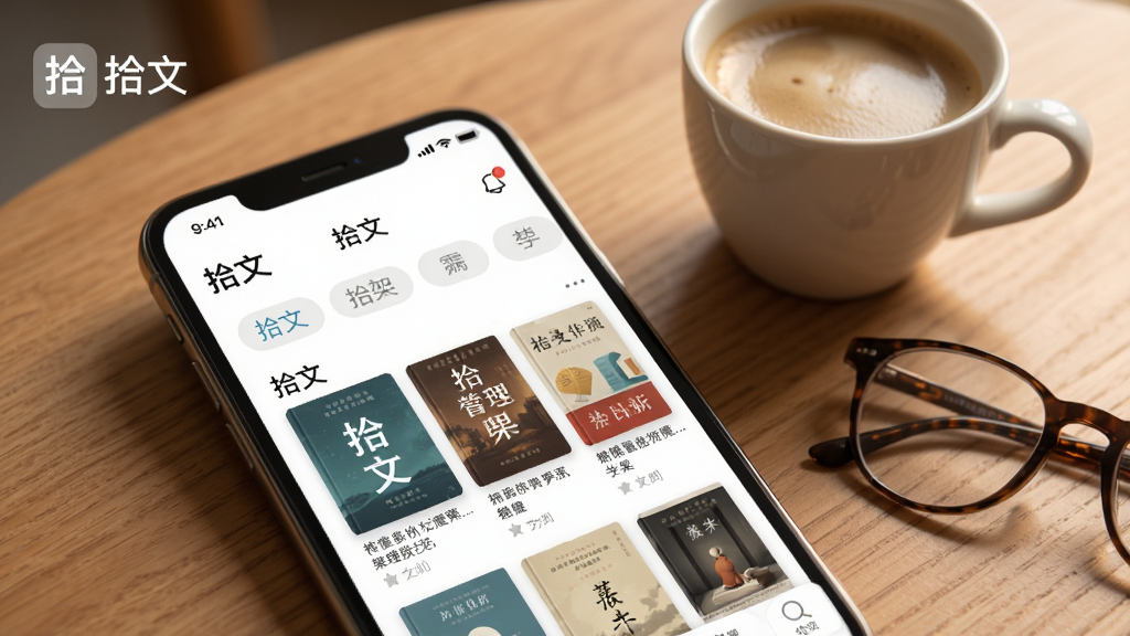 一张以“拾文”App书架管理功能为主题的AI生图,画面展示一部手机屏幕特写,屏幕中“拾文”应用的书架界面清晰可见,带有分类标签和书籍封面。手机旁放置着一杯咖啡和一副眼镜,背景是木质桌面,风格温馨写实,光线柔和,画质细腻干净,画面中可带有“拾文”字样。
