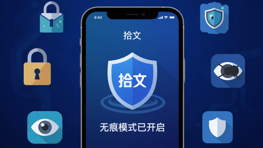 一张体现“拾文”App隐私保护与无痕浏览功能的AI生图,画面主体是一部手机,屏幕显示“拾文”应用的盾牌形安全图标和“无痕模式已开启”字样,周围环绕着锁、眼睛被遮挡等象征隐私保护的扁平化图标,背景为深蓝色渐变,风格科技感十足,画质清晰锐利,无多余杂色。