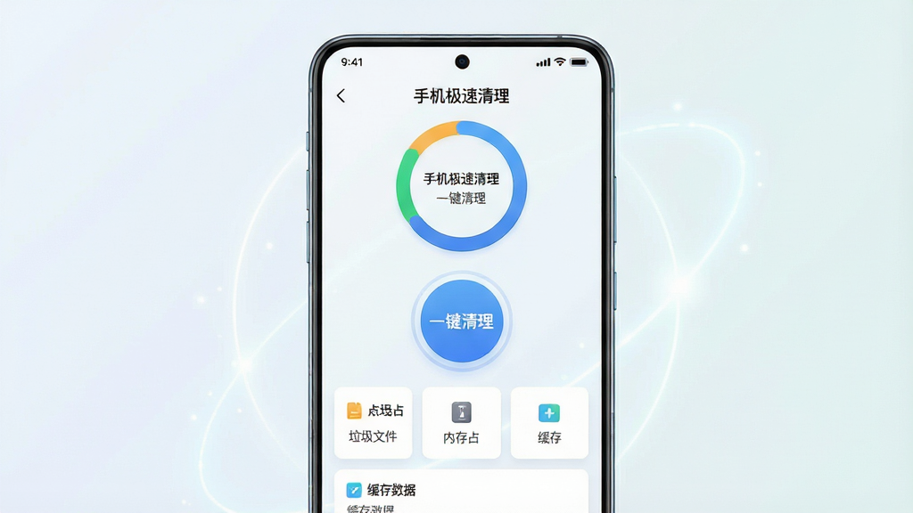 一张手机屏幕正面展示图,画面中央是“手机极速清理”APP的主界面,界面顶部显示手机存储占用环形图,中间有醒目的“一键清理”圆形按钮,按钮下方列出垃圾文件、内存占用、缓存数据等分类卡片,背景为干净的浅色渐变,手机周围有少量光效点缀,整体风格简洁科技感,画质清晰,无多余元素,图片中文字为“手机极速清理”“一键清理”。