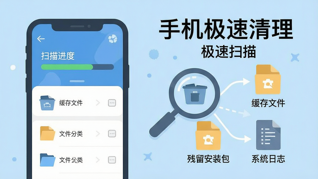 一张扁平化风格的信息图,画面左侧是一部手机,手机屏幕显示扫描进度条和文件分类列表,右侧用放大镜图标和文件图标展示“缓存文件”“残留安装包”“系统日志”等分类,背景为浅蓝色,整体干净整洁,图片中文字为“手机极速清理”“极速扫描”。