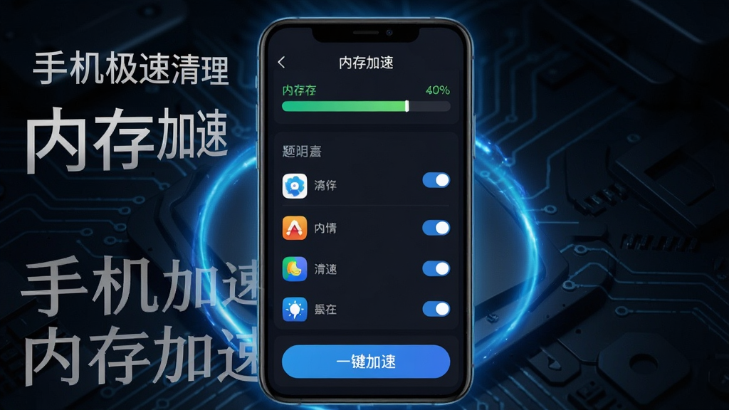 一张手机内存加速功能展示图,画面中手机屏幕显示“内存加速”界面,顶部有内存占用百分比进度条,下方列出正在运行的应用列表,每个应用右侧有开关按钮,底部有“一键加速”按钮,背景为深色科技风格,手机周围有蓝色光效,图片中文字为“手机极速清理”“内存加速”。