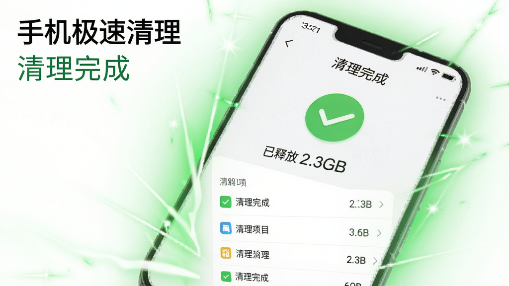 一张手机清理报告界面展示图,画面中手机屏幕显示“清理完成”页面,中央有大号对勾图标和“已释放 2.3GB”文字,下方列出清理项目明细,背景为白色简洁风格,手机周围有绿色光效,图片中文字为“手机极速清理”“清理完成”。