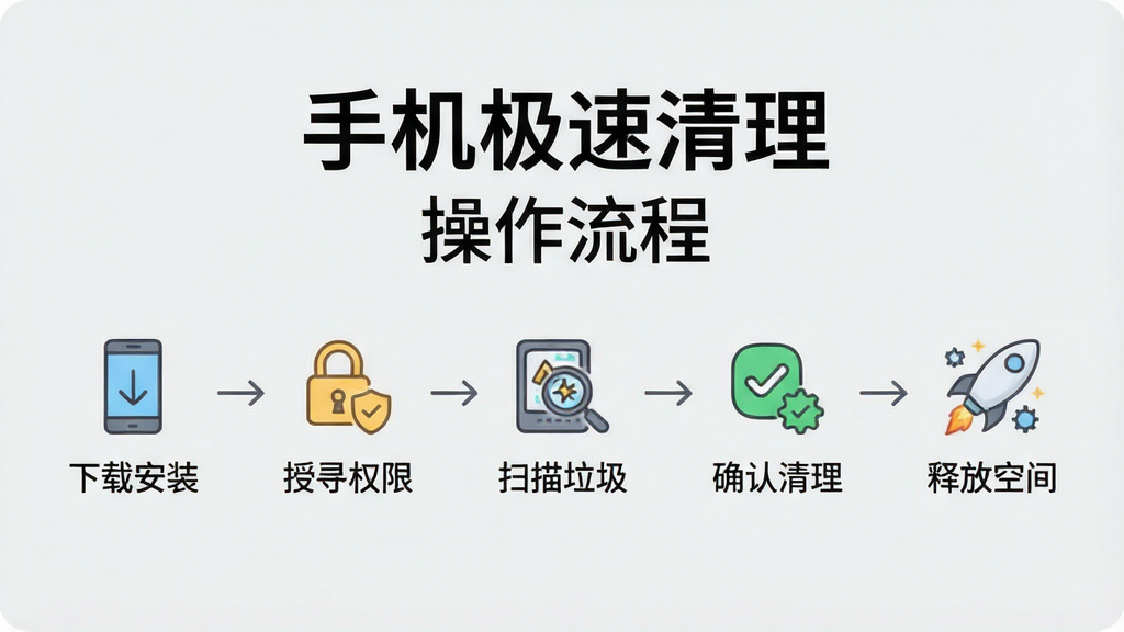 一张手机清理工具操作流程图,画面以横向流程图形式展示,从左到右依次为“下载安装”“授予权限”“扫描垃圾”“确认清理”“释放空间”五个步骤,每个步骤配有小图标,背景为浅灰色,整体简洁清晰,图片中文字为“手机极速清理”“操作流程”。
