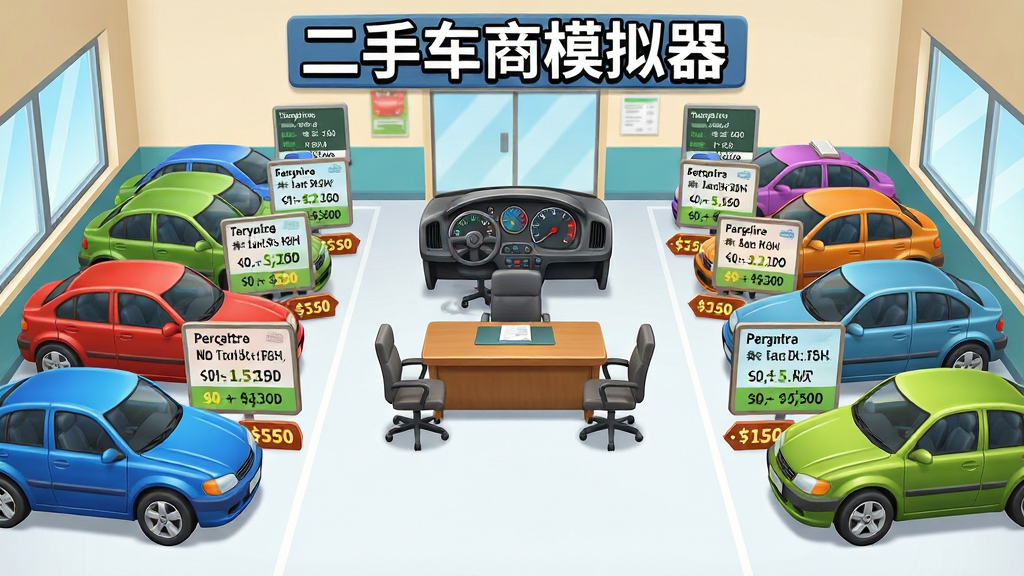 卡通风格汽车交易大厅,多辆不同颜色二手车整齐排列,每辆车旁有信息面板显示价格与车况,中央有谈判桌,布局对称,排版清晰,风格明亮写实,细节包含仪表盘、轮胎、价格标签,画质高清,干净,无多余元素,画面中标注文字“二手车商模拟器”
