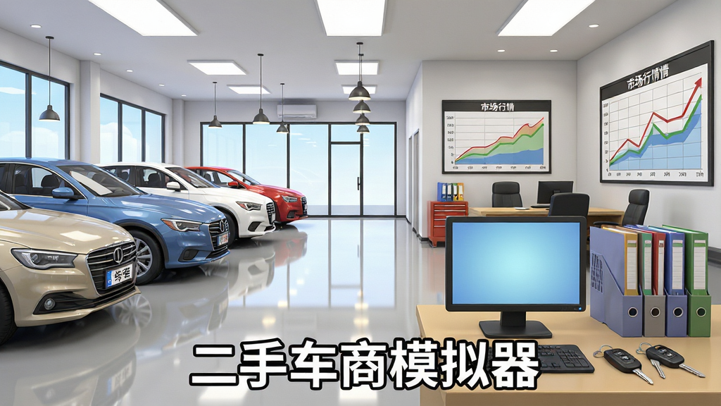 汽车展厅内部全景,左侧为待售车辆,右侧为办公区,墙上挂有市场行情走势图,地面干净反光,布局合理,风格写实卡通,细节包含电脑屏幕、文件、车钥匙,画质高清,干净,无多余元素,画面中标注文字“二手车商模拟器”