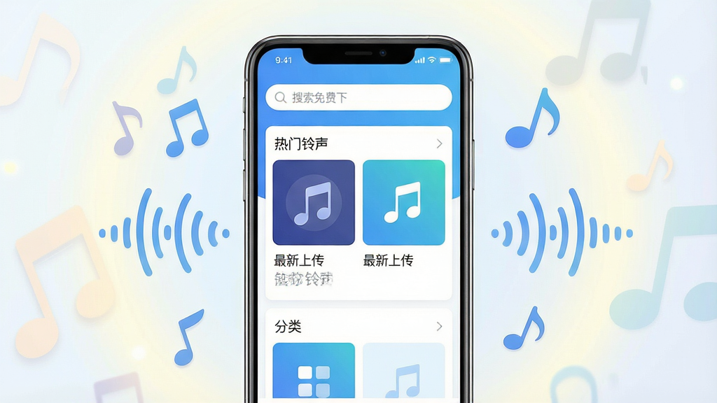 一张展示“铃声免费下”软件主界面的手机应用截图,画面中央是一部现代智能手机,屏幕上显示着铃声免费下APP的首页,顶部有搜索框,下方排列着“热门铃声”“最新上传”“分类”等板块,界面风格简洁明快,主色调为蓝白渐变,手机周围环绕着跳动的音符和声波图标,背景是柔和的浅色光晕,整体风格清新现代,细节清晰,画质干净,无多余元素,适合作为软件下载站的宣传图。